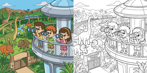  children visiting dinosaur world theme park cartoon clipart and lineart print vector illustration for color coloring book © Avijit