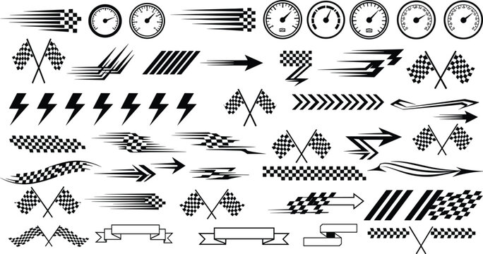 Racing vector illustration collection, speed motion artwork, motorsport competition design composition, checkered flag motif, dynamic automotive graphic set
