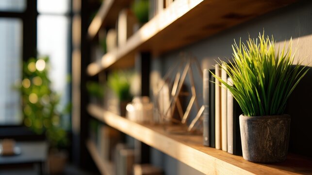 Modern wooden bookshelf with decorative items and plants in contemporary home interior