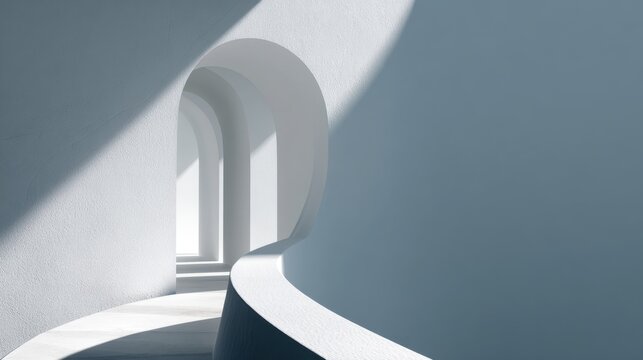 Modern minimalist architecture with curved white walls and large window lighting