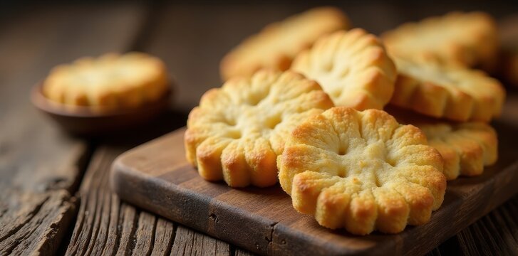 Crunchy shortbread biscuits on rustic wooden table, biscuit, table, shortbread