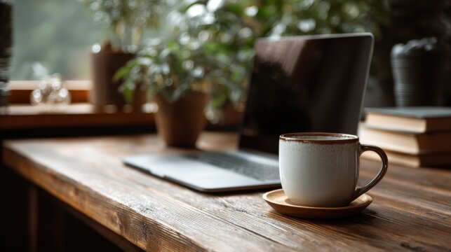 Cozy Home Workspace with Laptop Plant and Coffee Mug on Wooden Surface