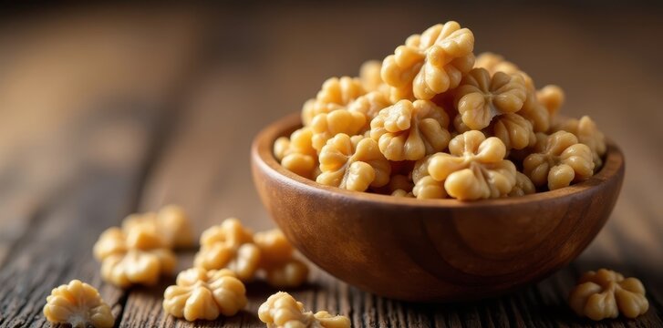 Crunchy walnut halves and pieces in a wooden bowl, walnuts, bowl, crunchy