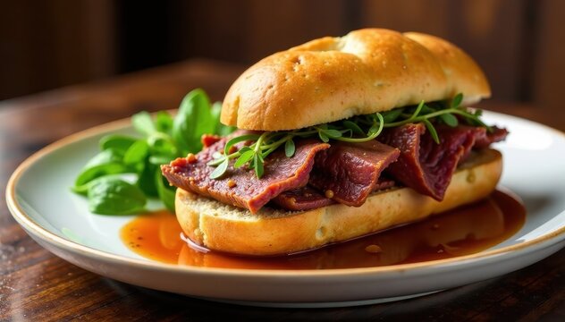 Crusty baguette topped with tender beef roast and served on a elegant plate with side of rich au jus , food, baguette, dipping sauce