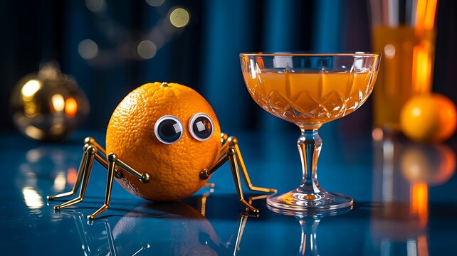 Funny orange fruit character enjoying cocktail drink in colorful bar atmosphere