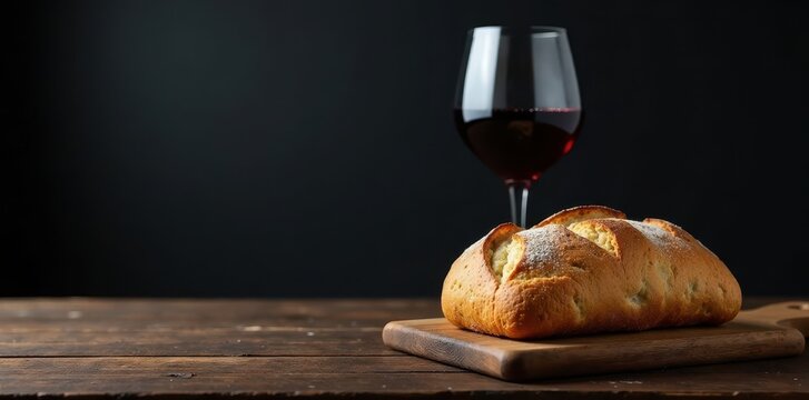Dark wooden table with wine glass and bread loaf on black surface, black background, wine, simple setup