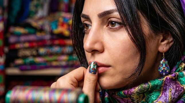 A profile close-up of a contemplative woman wearing a colorful headscarf and ornate earrings, touching her lip with a decorated fingernail.