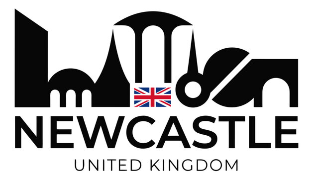 Vector illustration of Newcastle skyline in black silhouette, with &ldquo;NEWCASTLE&rdquo; text, on white background, modern city identity and tourism design