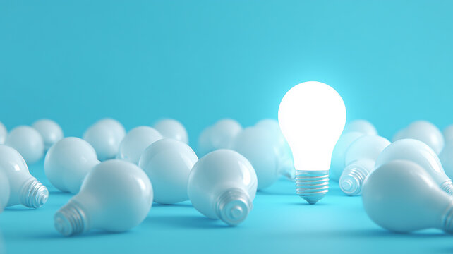 White light bulb standing among other bulbs, representing unique ideas, creativity, innovation leadership, and standout business thinking.
