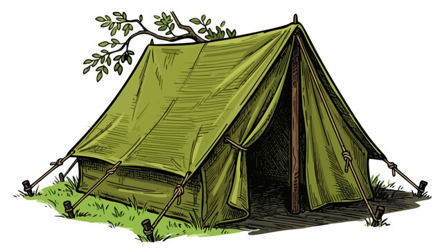 Classic green canvas a frame tent on grass vector illustration