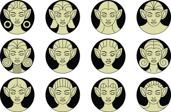 Art Deco style set of 12 circular faces, resembling elves or zodiac signs, with unique hairstyles and expressions, isolated on white.