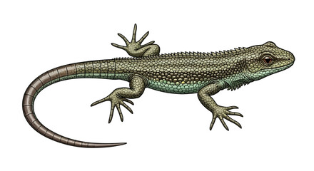 Fototapeta premium Detailed Illustration of a Green and Brown Lizard with Red Eyes on White Background