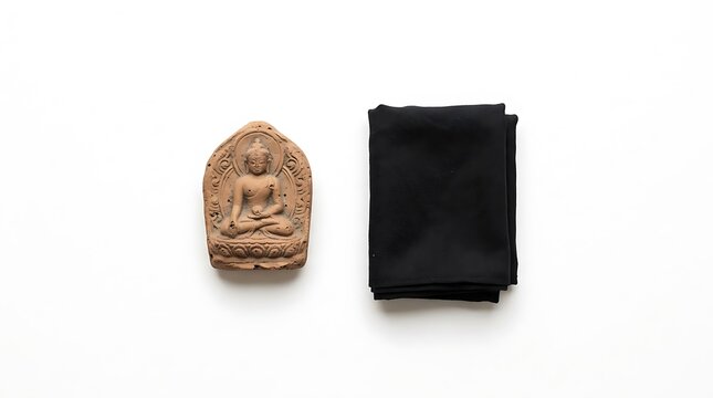 Ancient clay Buddha amulet with black cloth on white background