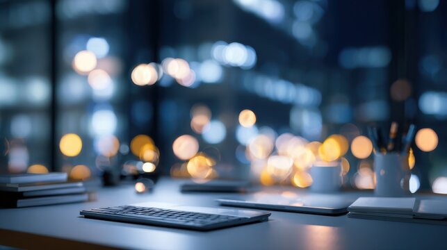 Modern Office Workspace with Computer and Stationery in Low Light Ambiance