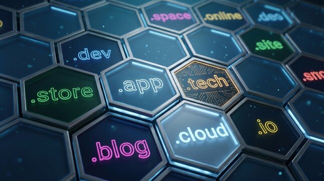 Futuristic internet domain name extensions on glowing hexagon tiles, 3D render of .tech, .app, .cloud, .store, .dev