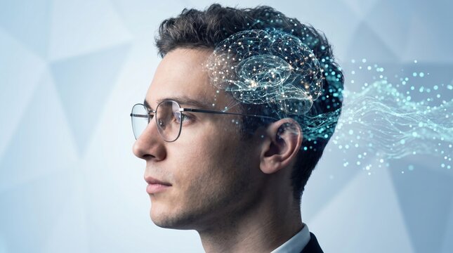 Profile of man with glowing digital brain and neural network visualization, artificial intelligence concept, human mind connectivity, cognitive computing, future technology