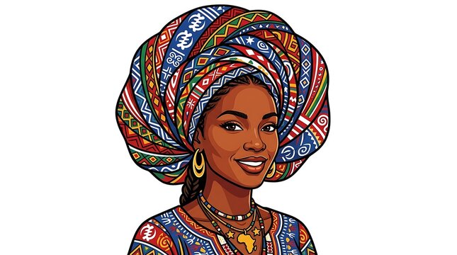 African Woman in Vibrant Traditional Headwrap and Jewelry Illustration
