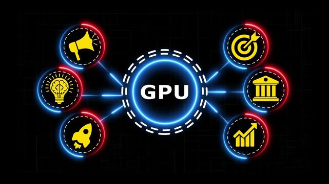 Gpu infographic animation featuring networking icons on a digital dark background.