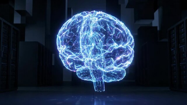Glowing blue brain hologram representing digital computer technology, advanced artificial intelligence, neuron network connection inside dark server room, evoking profound intellectual wonder