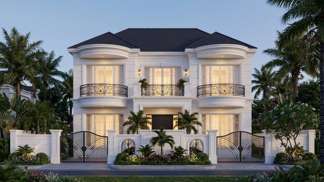 A stunning modern luxury white mansion with symmetrical architecture, elegant curved balconies, ornate black wrought-iron railings, large glass French windows, and a dark charcoal hip roof. The proper