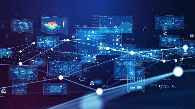 Abstract big data visualization with connected nodes, analytics charts, and global network lines. Cyber security, cloud computing, artificial intelligence