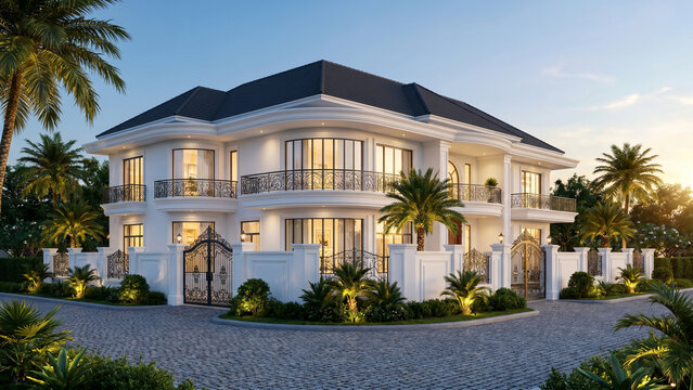 A stunning modern luxury white mansion with symmetrical architecture, elegant curved balconies, ornate black wrought-iron railings, large glass French windows, and a dark charcoal hip roof. The proper