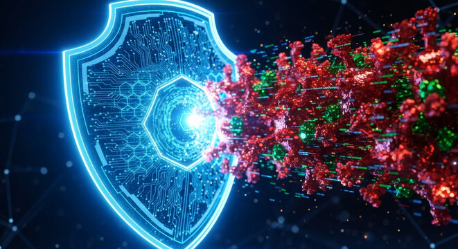 Digital glowing shield blocking viral particles in network environment symbolizing cybersecurity and immune defense