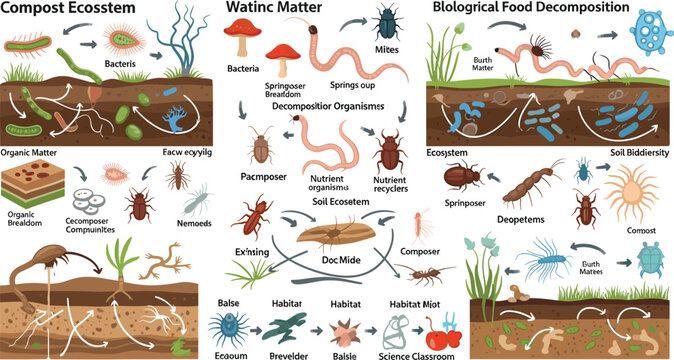 Compost ecosystem and soil food web infographic diagrams set featuring biological food decomposition organisms earthworms bacteria fungi and microarthropods for biology textbooks