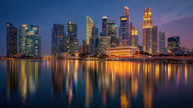 City skyline at night modern architecture illuminated reflection in water