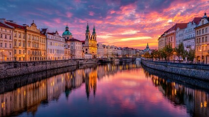 Fototapeta premium Cityscape at sunset buildings and river reflecting vivid sky colors