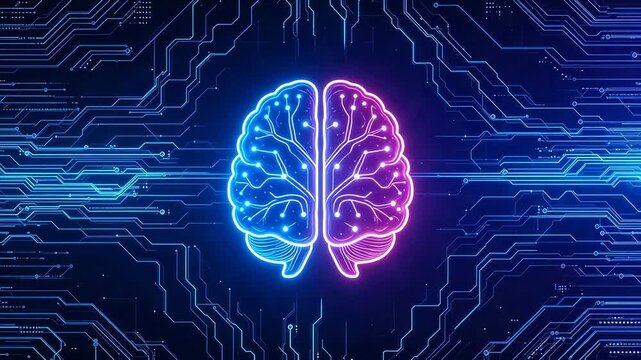 Neon brain with circuit background