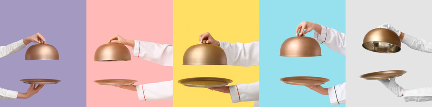 Professional chef hands holding golden cloche and serving tray on colorful backgrounds, restaurant service and culinary presentation