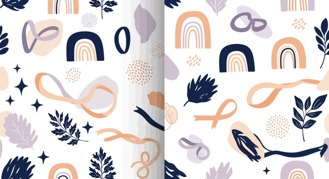 Abstract seamless patterns with rainbows leaves and shapes on white background