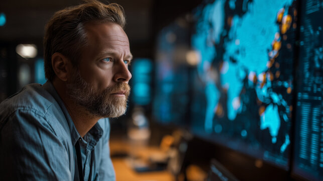 Male analyst focused on cybersecurity screen data