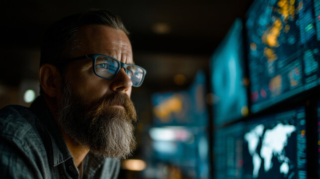 Male security expert watching multiple displays