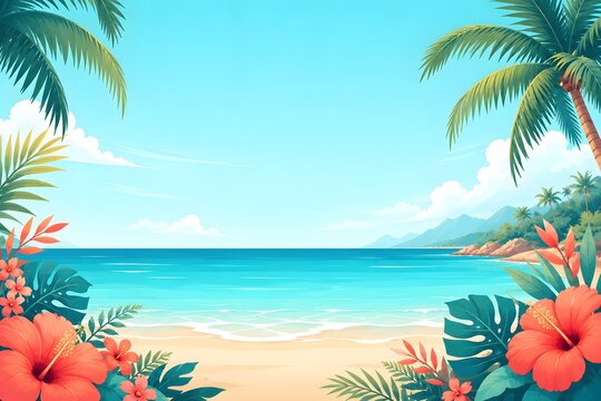 Tropical beach background with palm trees and hibiscus flowers