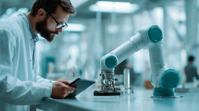 Robotics engineer in safety glasses observing robot