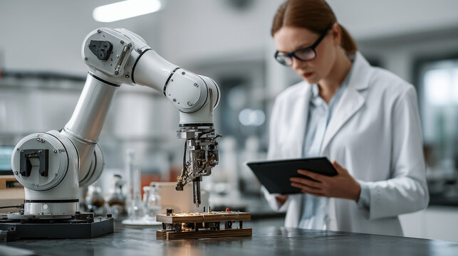 Robotics engineer monitoring machine in the lab