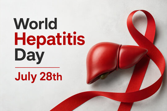 World Hepatitis Day July 28th awareness poster with red ribbon and anatomical liver model on white background
