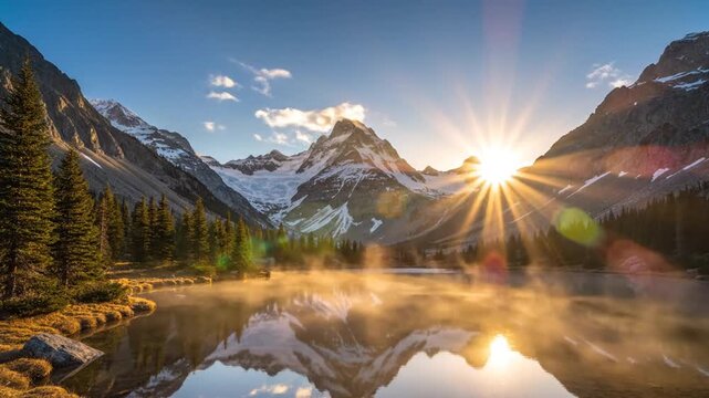 Snow capped mountain reflection in calm lake at sunset.