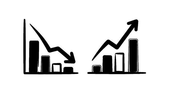 Minimal black silhouette icon, simple flat vector, bold black shape, no, no shading hand drawn bar charts with downward and upward trend arrows on a, flat icon style