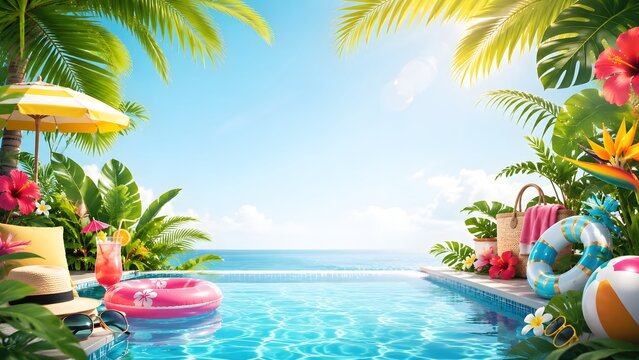 Summer vacation pool scene with tropical flowers, beach accessories, and ocean view