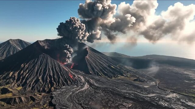 Panoramic view of smoke rising from active volcano in volcanic region during daytime