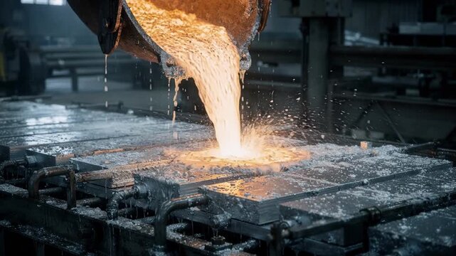 Medium shot of molten zinc being poured into molds with cooling water spraying to solidify slabs in an industrial foundry.