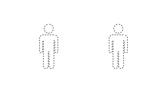 Animated of a person standing upright with a red dotted line icon.Social Distancing, People keeping distance icon animated