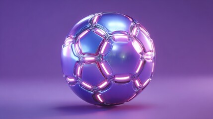 Naklejka premium Abstract futuristic soccer ball with neon lights against purple backdrop