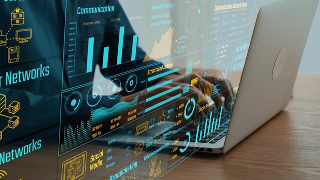 A professional workspace featuring a laptop displaying advanced data visualizations and networking concepts, illustrating the intersection of technology and communication in modern business. Cipher