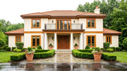 Fototapeta premium Luxury mediterranean style home with stucco exterior and tile roof