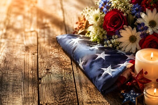 Folded american flag with red roses, white daisies, and candles on a rustic wooden table, representing memorial day or patriotic tribute