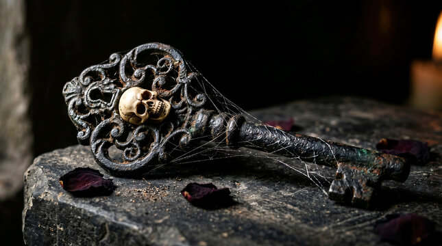 An old ornate key with a skull on a stone surface covered in cobwebs and dried rose petals